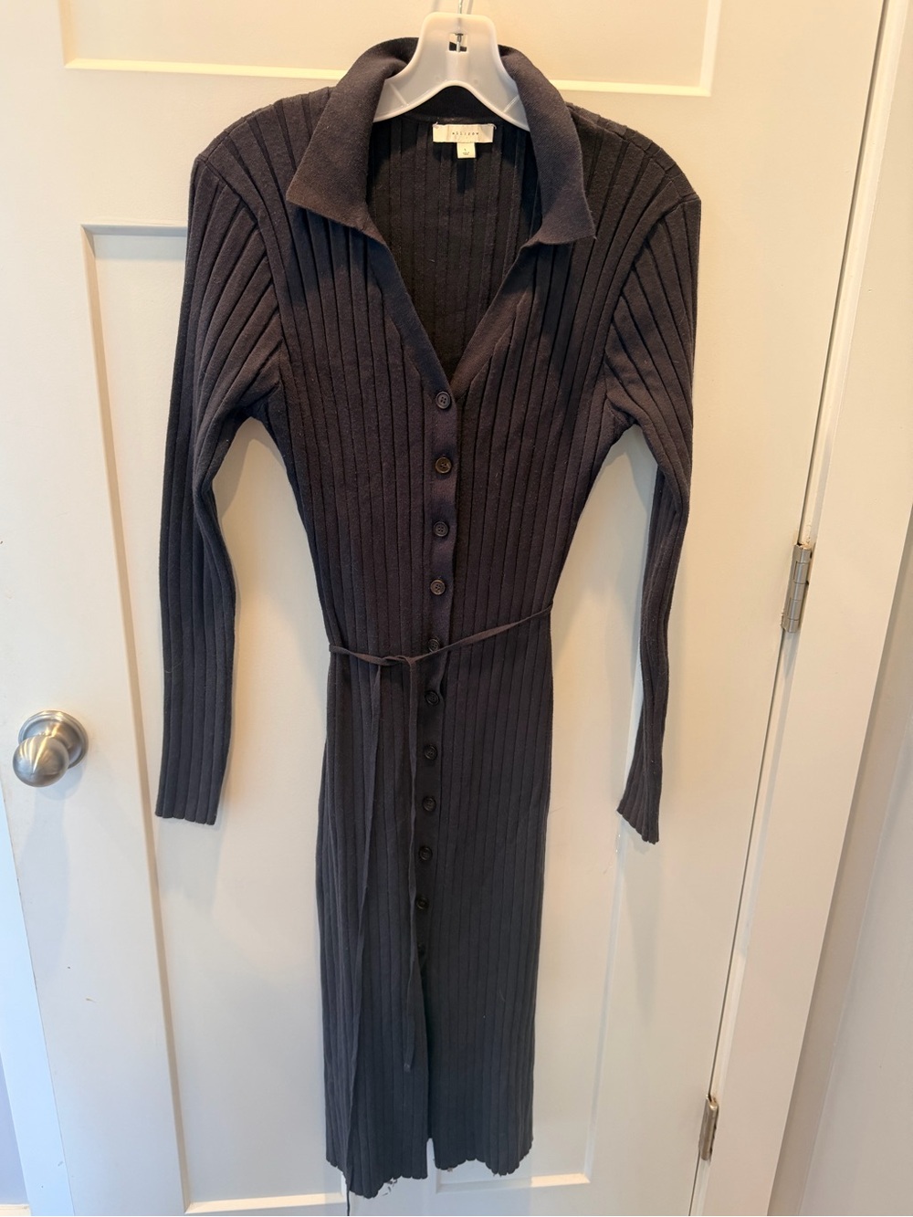 All:Row Charcoal Ribbed Button Front Belted Midi Sweater Dress Large